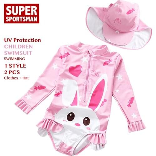 Baby Girls Anti-UV Swimwear Children Cartoon Bunny One Piece Swimsuit Kids Swim Beach Bathing Suits Toddler Swimming Clothes Set