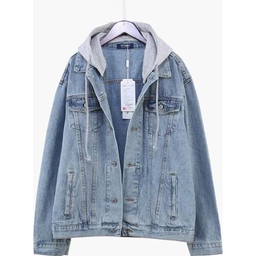 Spring Women Light Blue Denim Jacket Hooded Autumn Long Sleeve Plus Size Loose Vintage Fake Two Jeans Coat Ladies Clothes G961