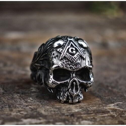 Vintage Vine Free-Mason Masonic Skull Rings Men Freemasons Biker 316L Stainless Steel Ring