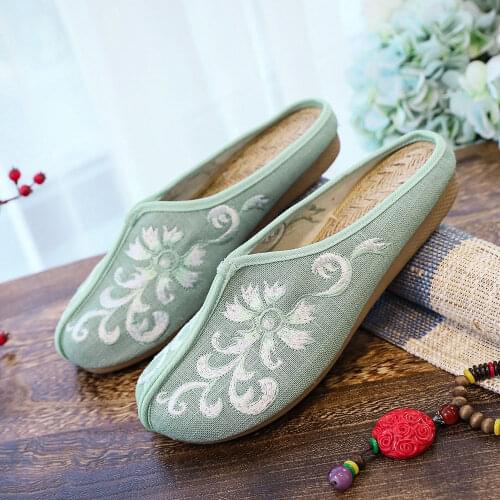 Vintage Vegan Female Cotton Fabric Flat Mules Shoes Summer Comfort Casual Close Toe Women Embroidered Slippers Grey Green White