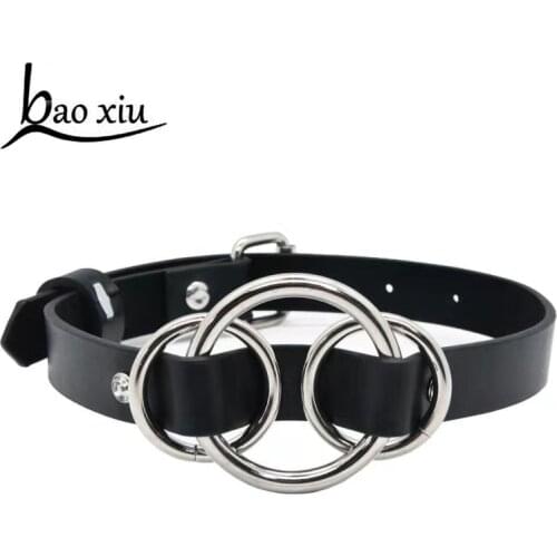 New Trendy Women Vintage Punk Rock Sexy Harajuku Crystal Necklace Big Metal Round Pendant PU Leather Collar Choker Necklace