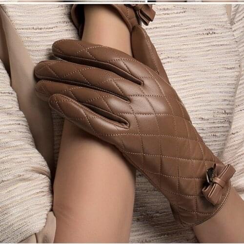Fashion Genuine Leather Gloves Women Plaid Real Sheepskin Glove Winter Thicken Warm Five Finger Driving Gloves NW691-5