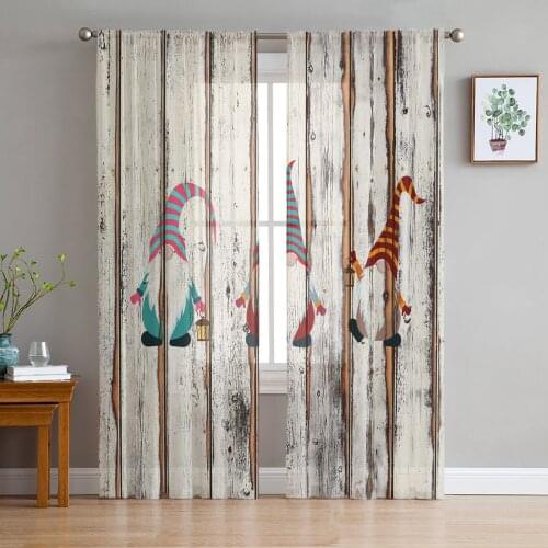 Wood Grain Gnome Retro Sheer Curtains for Living Room Bedroom Kitchen Chiffon Tulle Curtains Home Hotel Coffee Decor