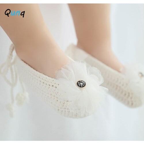 Qunq Korea Style Baby Girl First Walkers Summer Knitted Casual Newborns Princess Shoes 2021 New Flower Lace Infant Flats