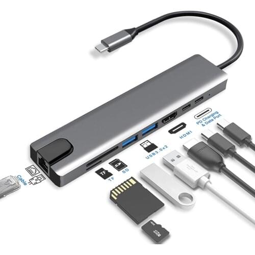 Usb type c hub 8 in 1 usb hub multi function adapter for MacBook Pro and Type C Windows Laptops