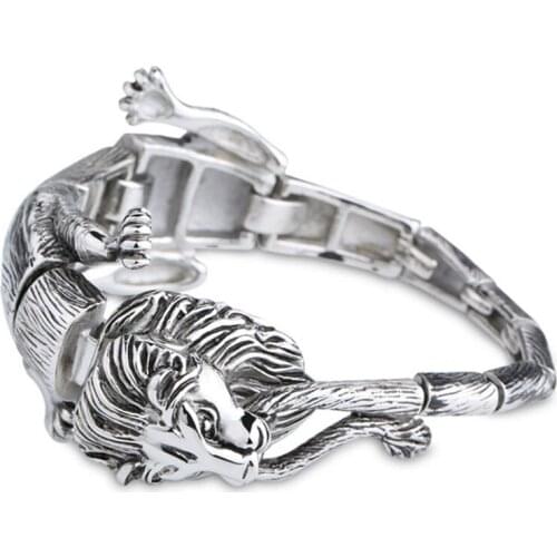 High Quality Lion Charm Bracelet Bangle Polished Silver Color Stainless Steel 3D Animal Lion Rock Male Bracelets Fashion Jewelry