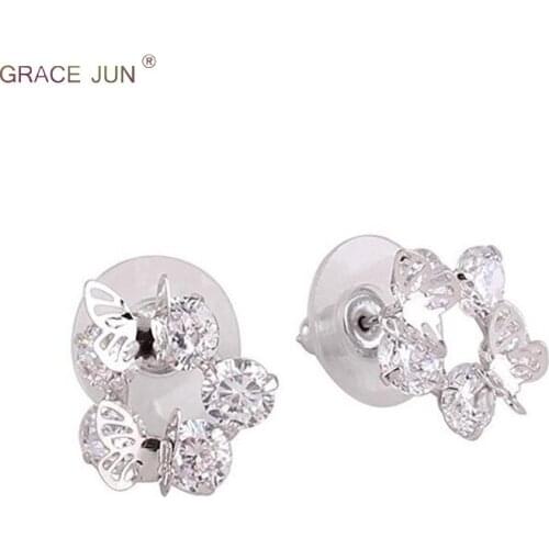 GRACE JUN AAA Cubic Zircon Double Butterlfy Stud Earrings for Girl Party Wedding Fashion Earrings Top Quality