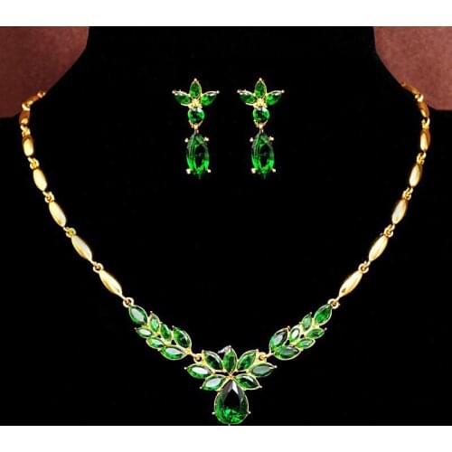 Womens New green zircon Rhinestone Necklace+earrings Flower Wedding Jewelry Sets Free Shipping Jewellery Sets For Women