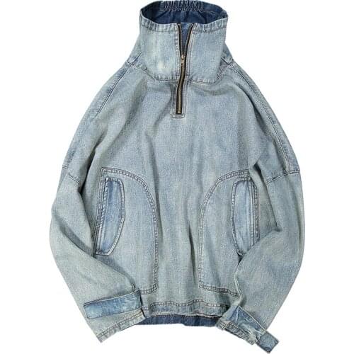 2019 Spring and Summer Models Fresh Korean Version of The Young Couple Stitching Casual Stand Collat Denim Sweater Hot Sale