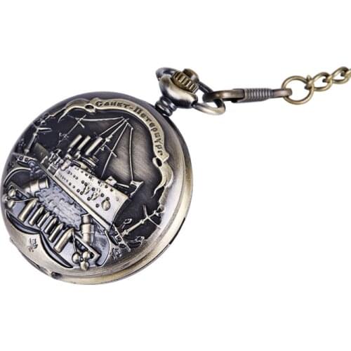 9063 Large bronze embossed cruise ship pocket watch European and American style pirate ship retro thick chain pocket watch