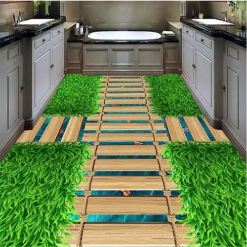 Beibehang Custom large mural 3D green grass bridge water goldfish floor thickening waterproof pvc wear film