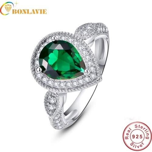 BONLAVIE Fine Jewelry Water Drop-shaped Emerald 925 Silver Rings Simply Style Woman Wedding Bands Engagement Silver Rings