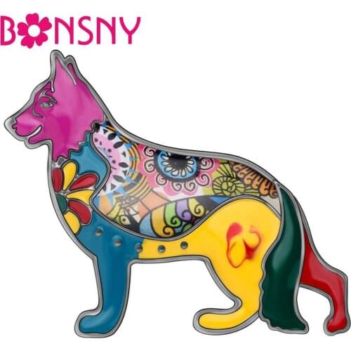 Bonsny Alloy Enamel Floral German Shepherd Dog Brooches Pin Clothes Scarf Animal Decorations Jewelry For Women Girls Charms Gift