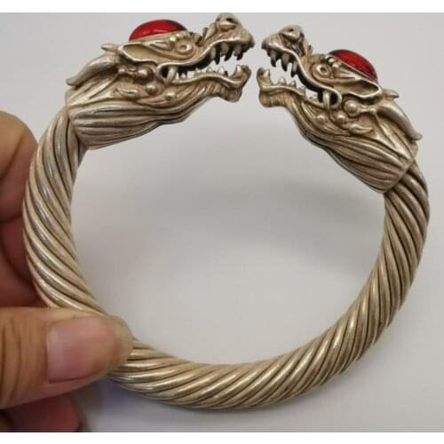 China White copper archaize double dragon head Bracelet