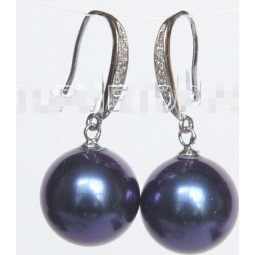 Women Gift word Love real real >Dangle 14mm round navy blue south sea shell pearl Earrings 925 A0422