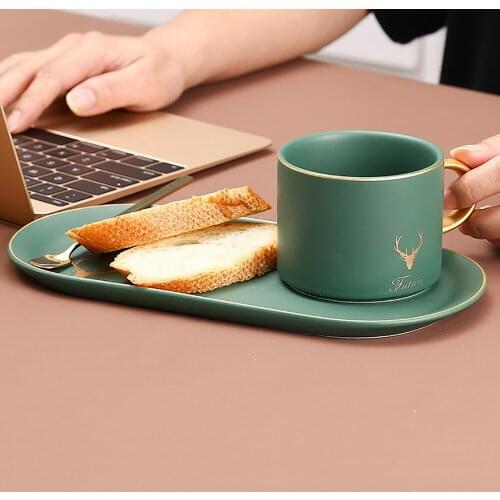 Europe Ceramic Mug Colored Glaze Modern Coffee Milk Tea Water Hand-grip Breakfast Cup with Spoon and Tray for Exquisite Gift