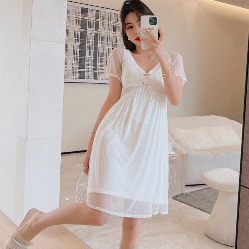 French Palace Retro Sweet Pajamas With Chest Pad Summer Hollow Mesh Cute Girl Nightdress Home Clothes