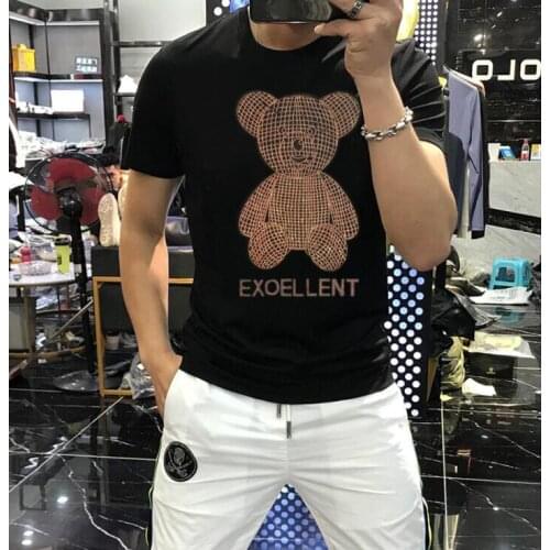 Men Rhinestonesl short Sleeve Stand Collar slim fit tshirt Streetwear man top tees M-5XL