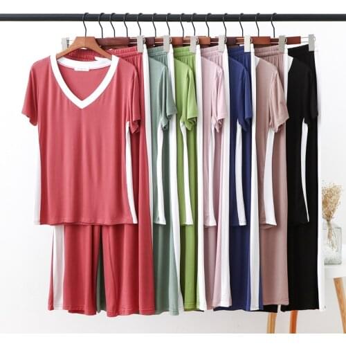 Modal Stripe Pajamas Casual Womens Sleepwear Set Women Solid Pajama Set 2Piece/Suit Short Sleeves Shirt Pant Mom Homewear