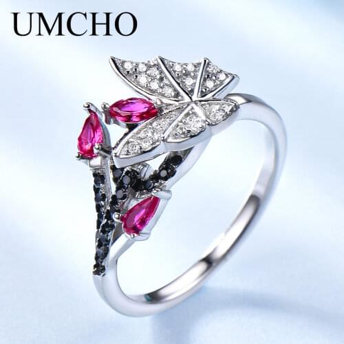 UMCHO Luxury Created Ruby Natural Black Spinel Rings Real 925 Sterling Silver Wedding Band Rings For Women Cocktail Fine Jewelry