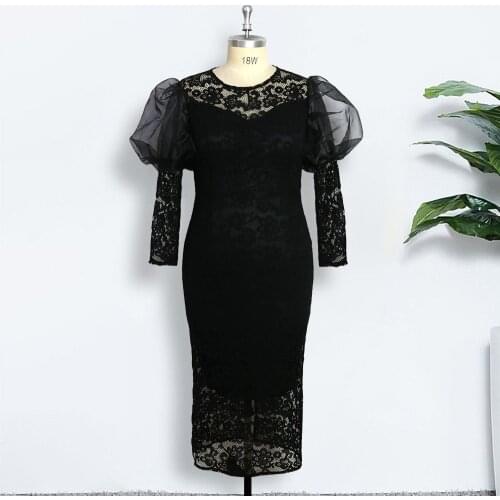 Little Black Elegant Lace Dress Embroidered Party Evening Women Plus Size 3xl 5xl Retro Puff Long Sleeve Female Autumn Vestidos