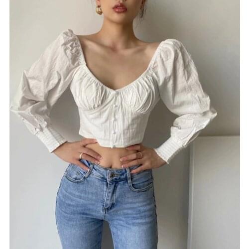 Autumn New Womens Fashion Retro Style Back Elastic White Shirt Short Crop Long Sleeve Blouse