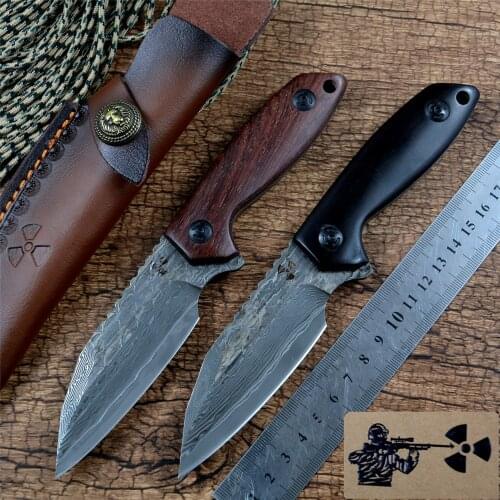 Jungle Edge JR7111 Hunting Outdoor Fixed Knife VG10 Damascus Blade Natural Wood Handle Leather Sheath Hiking Tactical EDC Tools