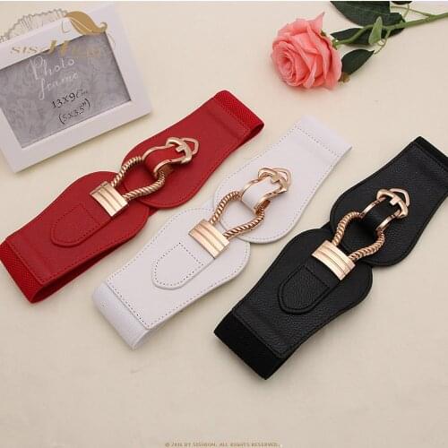SISHION New Fashion Gold Buckles Elastic Wide Belt Female QY0173 Red Black White Faux Leather Waist Belts for Women Dress Pants