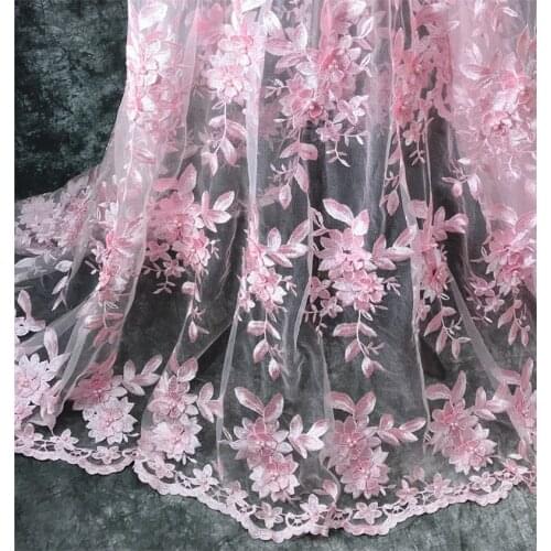 Pink 3D Flower Embriodered Lace Fabric For Dress Sewing Tulle Curtin Cloth