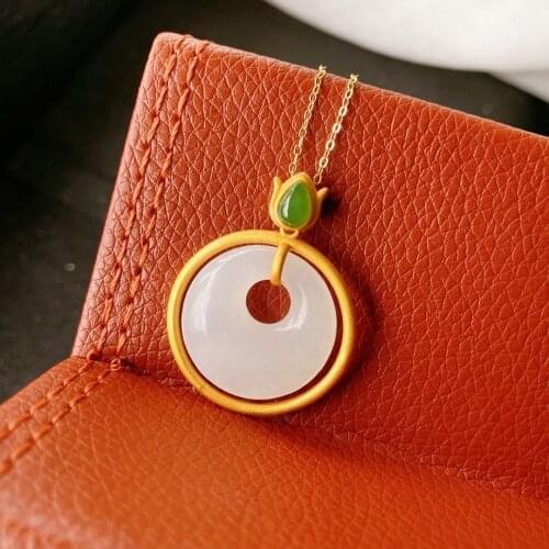 S925 Sterling Silver Natural Hetian Jade Peace Buckle Jade Pendant Womens White Jade Double Ring Clavicle Chain Necklace Jewelr