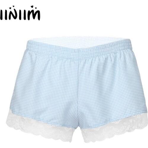Men Lace Trim Plaid Shorts Sides Split Bowknot Underpants Bottoms Nightwear Elastic Waistband Underwear