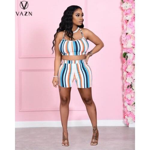 VAZN 2021 Summer Boho Striped Sleeveless Strapless Suitable Energetic Casual Elegant Women Shorts 2PCs Set Ladies Women Suits