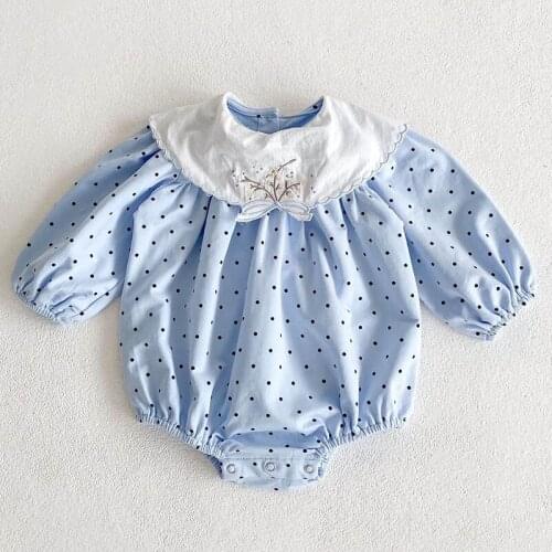 Korean Style Spring Autumn Newborn Baby Jumpsuit Flower Embroidery Dot Printing Cotton Long Sleeve Baby Girl Bodysuits