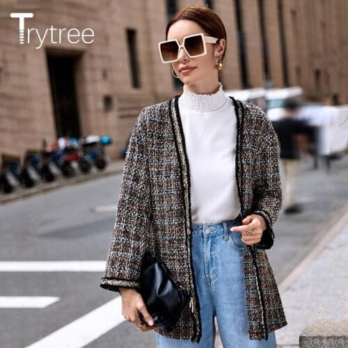 Trytree 2021 Spring Autumn Casual Womens Jacket Loose Tweed Blends Open Stitch Plaid Vintage Office Lady Coat Cardigan Oversize
