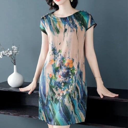 High-End Imitation Silk Dresses For Women 2021 Korean Fashion Middle-Aged Elderly Mother Print Dress FemaleElegant Mujer 393