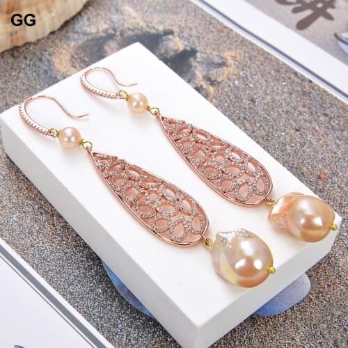 GuaiGuai Jewelry Pink Keshi Pearl Rose Gold Plated CZ Pave Teardrop Earrings