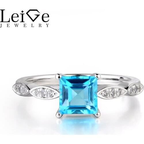 Leige Jewelry Fine Jewelry 925 Sterling Silver Swiss Blue Topaz Square Cut Promise Ring With Gemstone Romantic Gifts For Woman