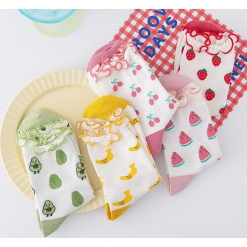 Funny Socks Cotton Fruit Peach Strawberry Banana Cherry Socks ruffle Women Happy Cute Socks Skarpetki Calcetines Divertidos