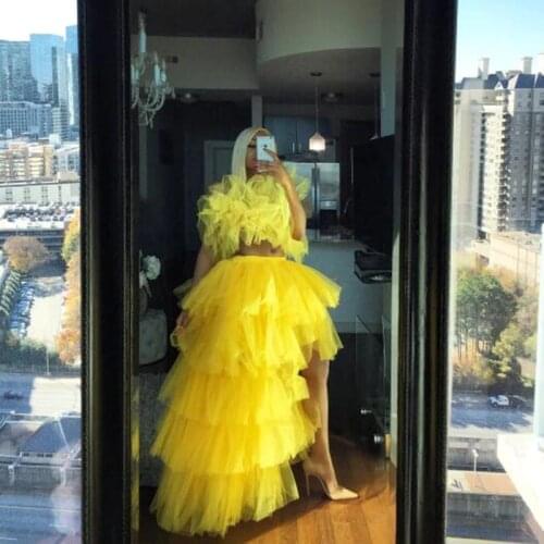 Hi Low Women Skirt jupe femme faldas Yellow Long Skirts Party Elastic Band Woman Skirt Tiered Mesh