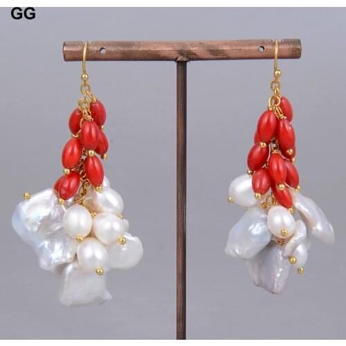 GG Jewelry Natural White Cultured Keshi Pearl Red Rice Coral Hook Earrings For Women Lady Girl Gift Jewelry