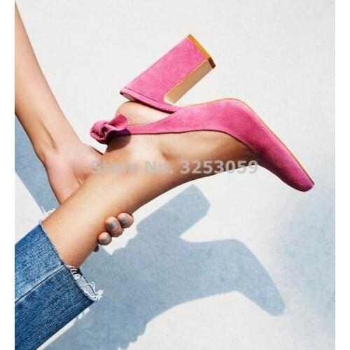 New Designer Pink Suede Women Pumps Chunky Heel Bowknot Dress Shoes Sweet Butterfly-knot Thick Square Heel Wedding Shoes Pumps