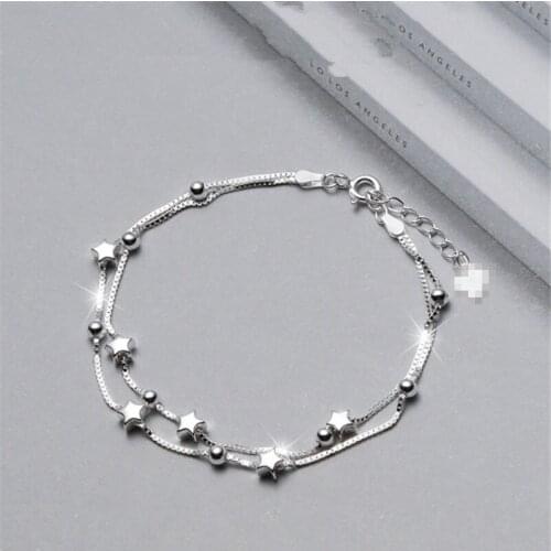 925 Sterling Silver Box Chain Double Layer Star Charm Bracelet &Bangle For Women Girls Party Bohemian Jewelry SL218