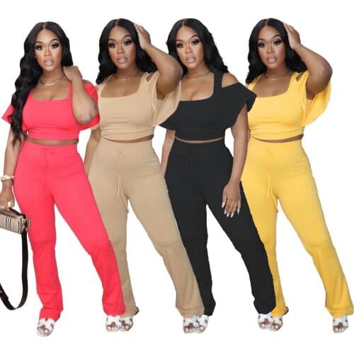 Womens Solid Two Pieces Casual Outfits Cold Shoulder Ruffle Short Sleeve Off Shoulder Top Drawstring Waist Fit Flare Long Pants