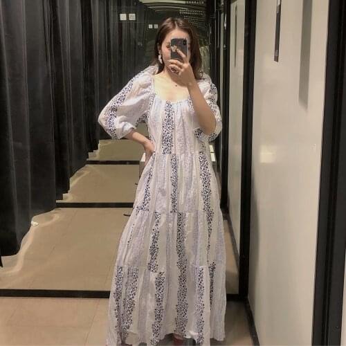2021 Fall Womens New Round Neck Short Sleeve Midi Dress Embroidered Printed Dress with Lined Contrast Layered Decoration
