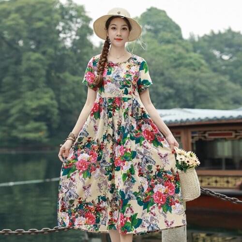 M-4XL Fashion Print Floral Prairie Chic Vintage Dress Short Sleeve Cotton Linen Loose Summer Dress Women Casual Midi Dress J075