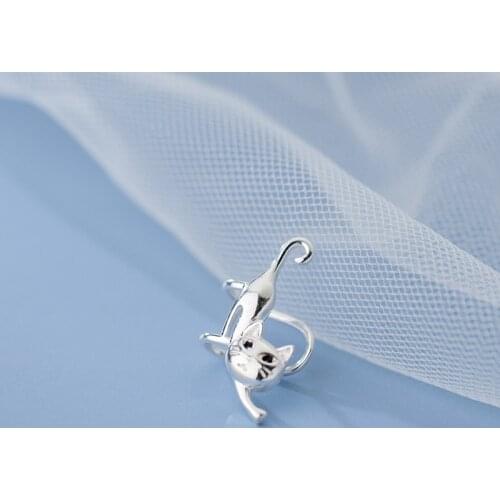 1pair (No pierced) Real. 925 Sterling Silver Jewelry cz Black Eye Pet Cat Clip On Cuff Earrings Ear-Bone C-G9570