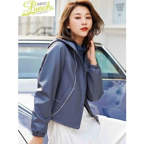 100% Real Leather Women Sheepskin Jacket Blue Spring Autumn Hooded Short Coat Chaqueta Cuero Mujer HQ19-CJX1806A pph485