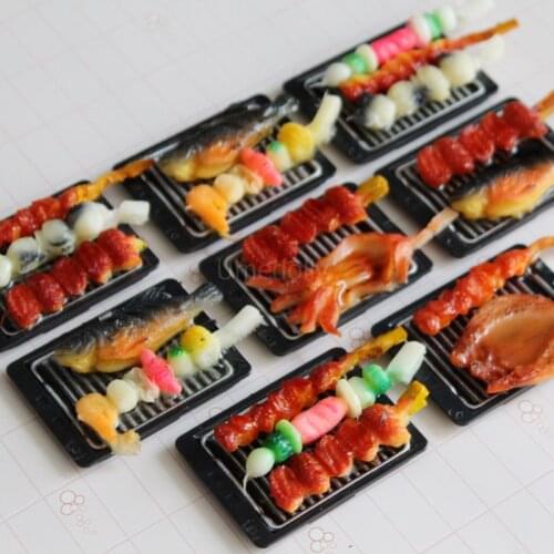2PCS 1/6 Scale Cute Barbecue Skewered Meat or Kabob Fish Dollhouse Miniature Doll Food Pretend Play Mini Kids Kitchen Toy