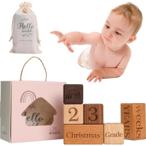 3/6 Pcs Baby Milestone Block Set Wooden Baby Photography Milestone Memorial Monthly Newborn Photography Props Set With Box