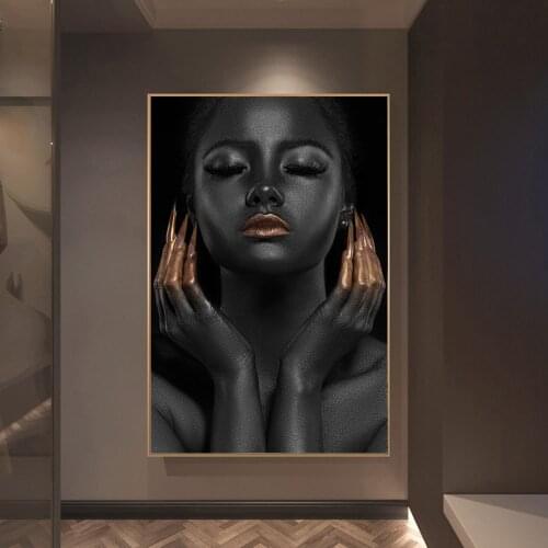 African Art Black Gold Woman Oil Paintings Canvas Wall Art Posters Prints Wall Pictures for Living Room Home Wall Cuadros Decor